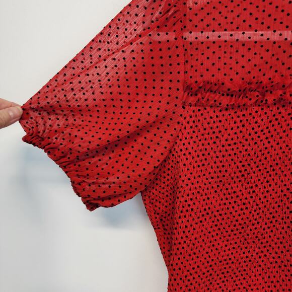 Express Smocked Peplum Polka Dot Blouse Top Size L Red Puff Sleeve Rockabilly - Picture 6 of 12